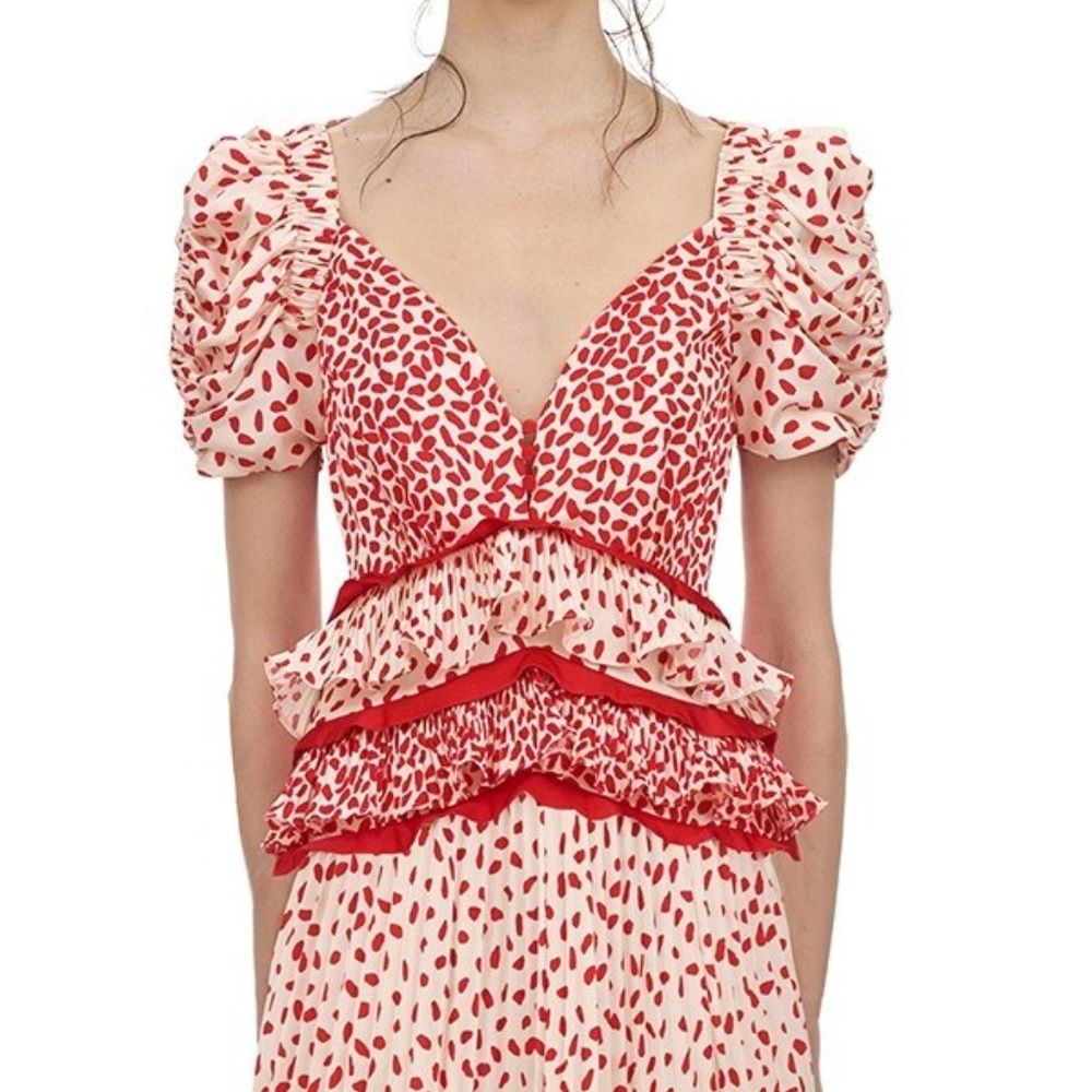 Self-Portrait Cream and Red Dot Satin Printed Dres